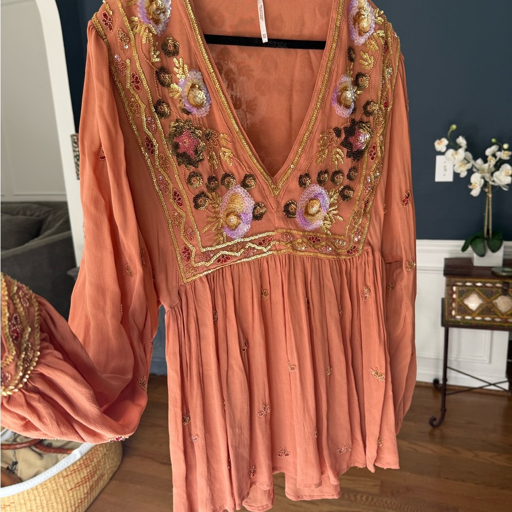 Free People Embroidered Floral V-Neck Tunic Sheer Blouse - Orange